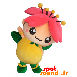Maskotti Hanami-chan, kaunis keltainen kukka, pinkki ja vihreä - MASFR28019 - Mascottes Yuru-Chara Japonaises