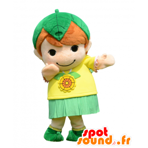 Midorichan maskot, litet barn klädd i gult och grönt -