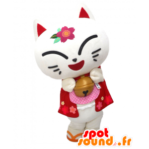 シロニャンのマスコット。白と赤の猫のマスコット、笑う-MASFR28056-日本のゆるキャラのマスコット