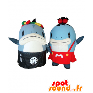 Mascots Salmon-Kun und Miyako-chan. 2 blau und weiß Lachs - MASFR28063 - Yuru-Chara japanischen Maskottchen