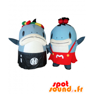 Maskoter Laks-kun og Miyako-chan. 2 blå og hvit laks - MASFR28063 - Yuru-Chara japanske Mascots