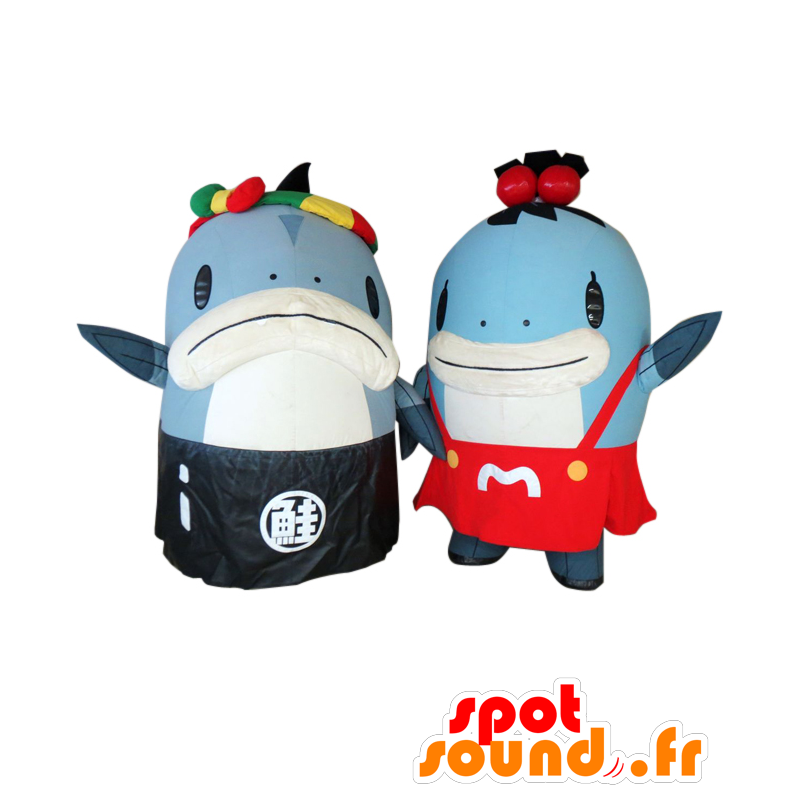 Mascots Salmon-kun and Miyako-chan. 2 blue and white salmon - MASFR28063 - Yuru-Chara Japanese mascots
