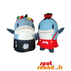 Mascots Salmon-Kun und Miyako-chan. 2 blau und weiß Lachs - MASFR28063 - Yuru-Chara japanischen Maskottchen
