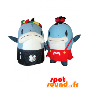 Mascots Salmon-kun and Miyako-chan. 2 blue and white salmon - MASFR28063 - Yuru-Chara Japanese mascots