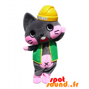 黒陰のマスコット。ヘルメット付きの灰色の猫のマスコット-MASFR28076-日本のゆるキャラのマスコット
