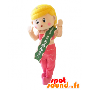 Mascot of Unonchan. Blond havfrue maskot klædt i lyserød -