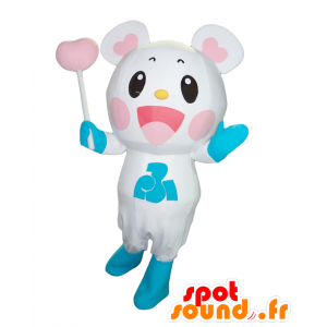 Fuku-Tsupi Maskottchen. Weißer Teddybär Maskottchen mit Herzen - MASFR28122 - Yuru-Chara japanischen Maskottchen