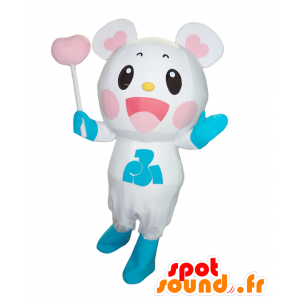 Fuku-Tsupi mascot. White teddy mascot with hearts - MASFR28122 - Yuru-Chara Japanese mascots