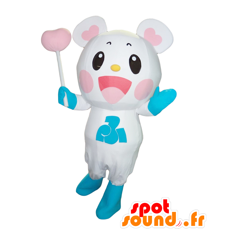 Fuku-Tsupi mascot. White teddy mascot with hearts - MASFR28122 - Yuru-Chara Japanese mascots