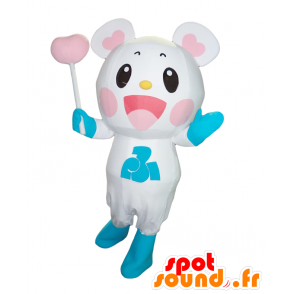 Fuku-Tsupi Maskottchen. Weißer Teddybär Maskottchen mit Herzen - MASFR28122 - Yuru-Chara japanischen Maskottchen