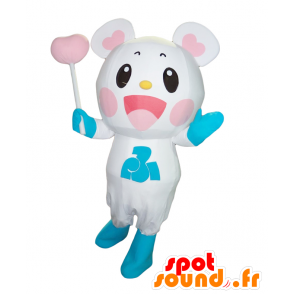 Fuku-Tsupi mascot. White teddy mascot with hearts - MASFR28122 - Yuru-Chara Japanese mascots