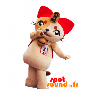 Benimaru kun maskot. Beige och röd kattmaskot - Spotsound maskot