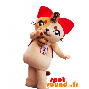 紅丸くんのマスコット。マスコットベージュと赤猫-MASFR28126-日本のゆるキャラマスコット
