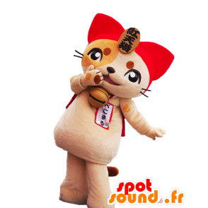 Benimaru kun maskot. Beige og rød kat maskot - Spotsound maskot