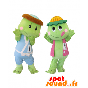 Fuku-chan mascot and Saki-chan. Mascots green turtle - MASFR28149 - Yuru-Chara Japanese mascots