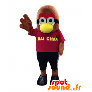 Rai-chan mascotte. Di rosso vestito marrone mascotte uccello - MASFR28165 - Yuru-Chara mascotte giapponese