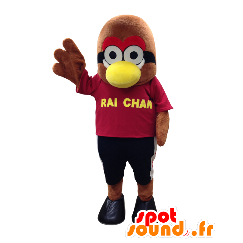 Mascot Rai-chan. brun fugl maskot i rød kjole - MASFR28165 - Yuru-Chara japanske Mascots