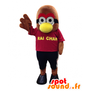 Mascotte de Rai-chan. Mascotte d'oiseau marron en tenue rouge - MASFR28165 - Mascottes Yuru-Chara Japonaises