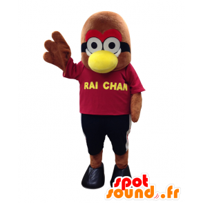 Rai-chan maskot. Brun fuglemaskot i rødt outfit - Spotsound
