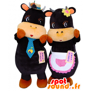 Mascots Imarin momo-chan und Imarin momo-Kun. 2 schwarze Kühe - MASFR28195 - Yuru-Chara japanischen Maskottchen