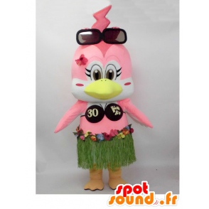 Mascotte de Ikko-chan. Mascotte d'oiseau rose en tenue hawaïenne - MASFR28240 - Mascottes Yuru-Chara Japonaises