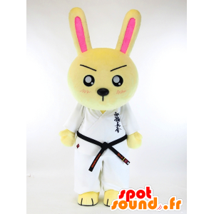 Mascotte de lapin jaune judoka, avec un kimono blanc - MASFR28254 - Mascottes Yuru-Chara Japonaises