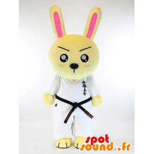 Giallo judoka mascotte coniglio con un kimono bianco - MASFR28254 - Yuru-Chara mascotte giapponese