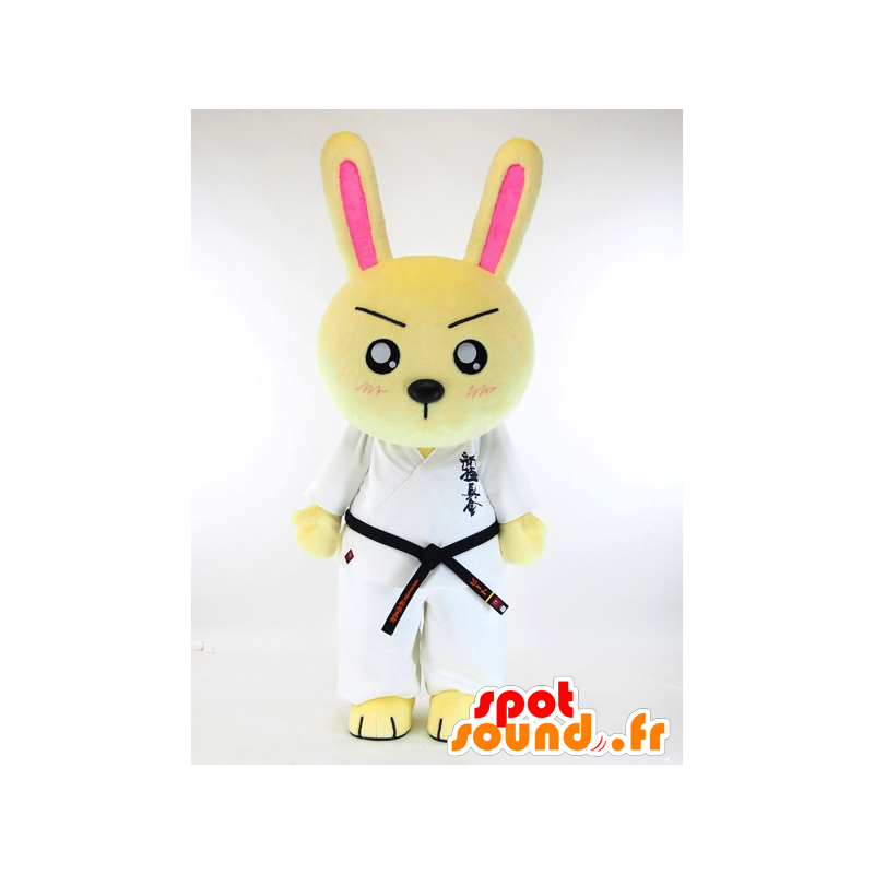 Mascotte de lapin jaune judoka, avec un kimono blanc - MASFR28254 - Mascottes Yuru-Chara Japonaises