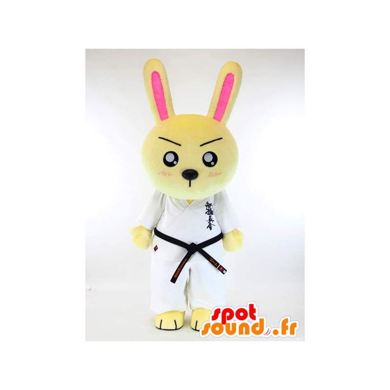 Giallo judoka mascotte coniglio con un kimono bianco - MASFR28254 - Yuru-Chara mascotte giapponese
