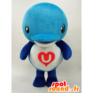 Mascotte de dauphin bleu et blanc, avec un cœur - MASFR28278 - Mascottes Yuru-Chara Japonaises