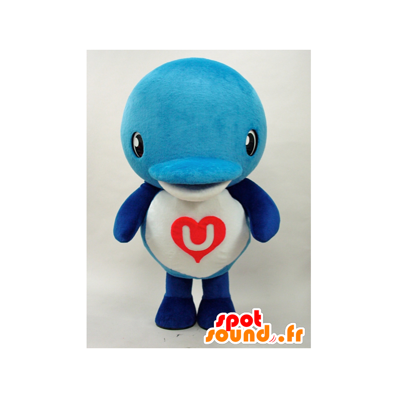 Blå och vit delfinmaskot, med ett hjärta - Spotsound maskot