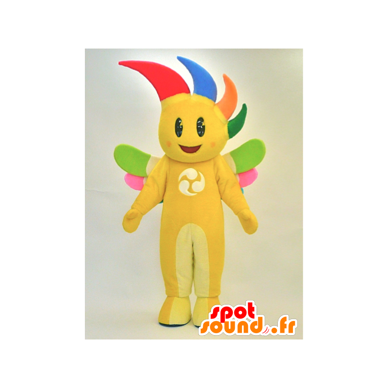 Mascotte de bonhomme jaune souriant avec les cheveux colorés - MASFR28289 - Mascottes Yuru-Chara Japonaises