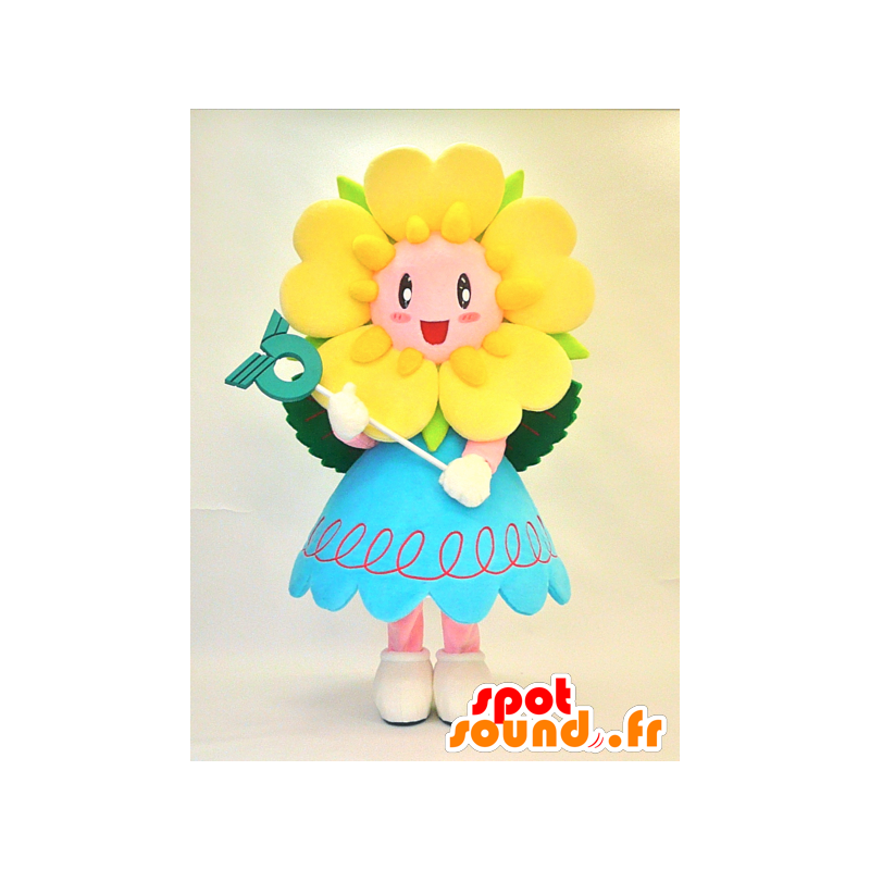 Μασκότ Μίνα. κίτρινο λουλούδι μασκότ με ένα μπλε φόρεμα - MASFR28292 - Yuru-Χαρά ιαπωνική Μασκότ