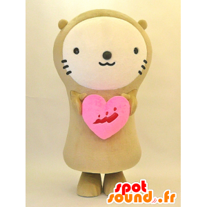 Mirakko mascotte. Beige orsacchiotto mascotte con un cuore - MASFR28294 - Yuru-Chara mascotte giapponese