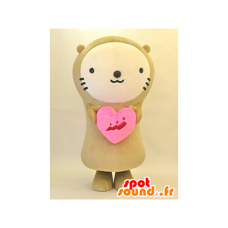 Mirakko Maskottchen. Beige Teddy Maskottchen mit Herz - MASFR28294 - Yuru-Chara japanischen Maskottchen