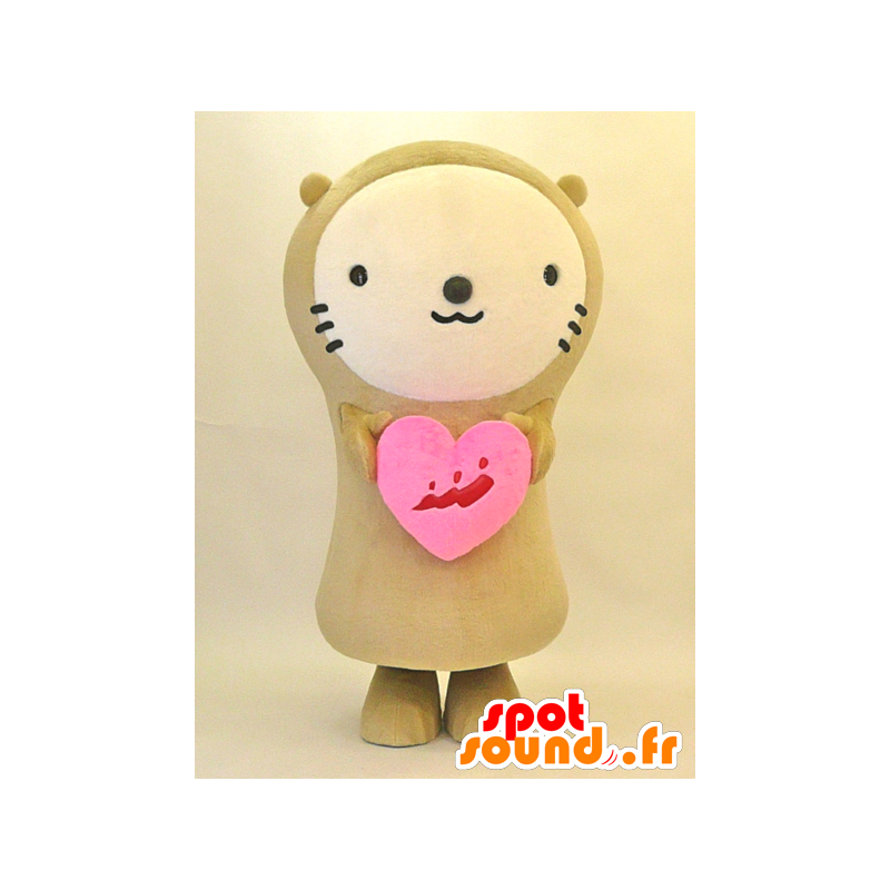 Mirakko mascotte. Beige orsacchiotto mascotte con un cuore - MASFR28294 - Yuru-Chara mascotte giapponese