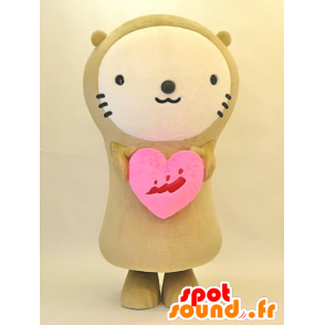 Mirakko Maskottchen. Beige Teddy Maskottchen mit Herz - MASFR28294 - Yuru-Chara japanischen Maskottchen