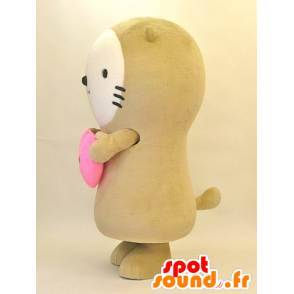 Mirakko Maskottchen. Beige Teddy Maskottchen mit Herz - MASFR28294 - Yuru-Chara japanischen Maskottchen