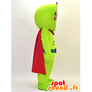 Robotmaskot, rødt og grønt mål med en kappe - Spotsound maskot