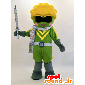 Grøn og gul ninja maskot med et sværd og briller - Spotsound