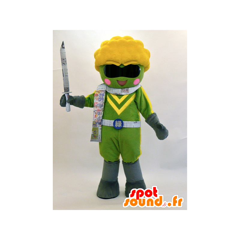 Mascotte de ninja vert et jaune avec une épée et des lunettes - MASFR28319 - Mascottes Yuru-Chara Japonaises