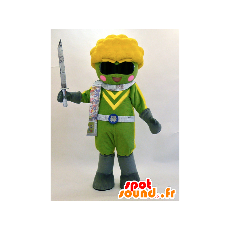剣と眼鏡をかけた緑と黄色の忍者マスコット-MASFR28319-日本のゆるキャラのマスコット