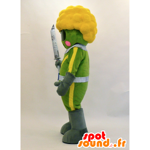 Grøn og gul ninja maskot med et sværd og briller - Spotsound