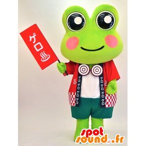 Green frog mascot dressed in red and big eyes - MASFR28320 - Yuru-Chara Japanese mascots