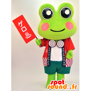 Grön grodamaskot klädd i röda och stora ögon - Spotsound maskot