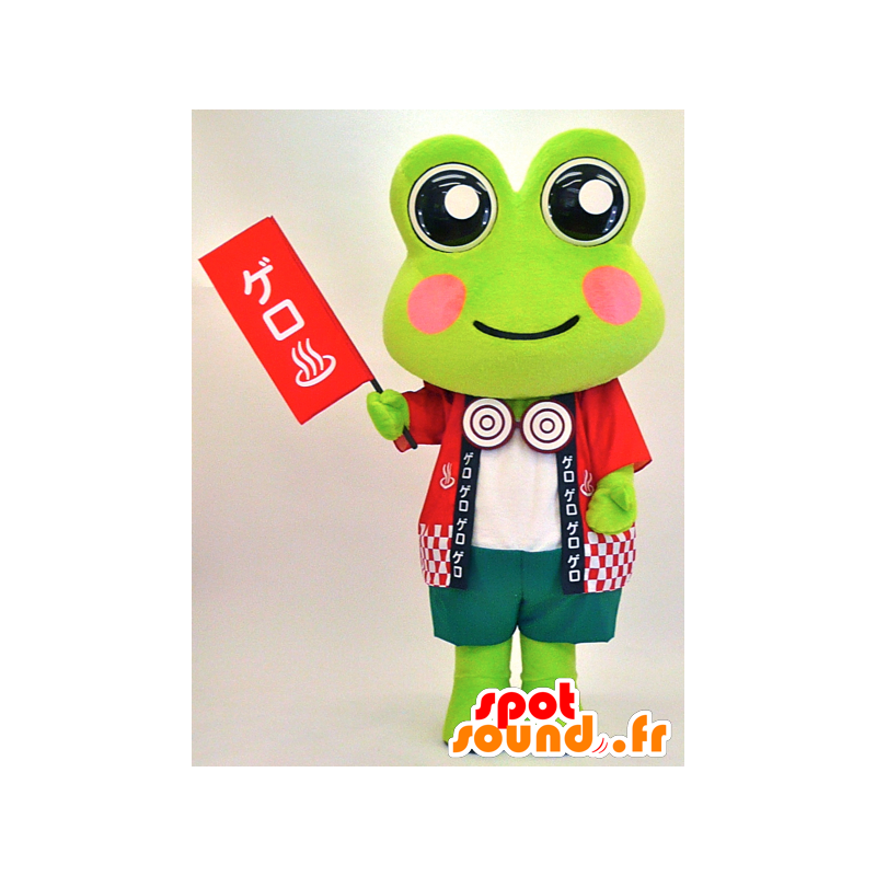 ゆるキャラマスコット日本人 の 赤と大きな目に身を包んだ緑のカエルのマスコット