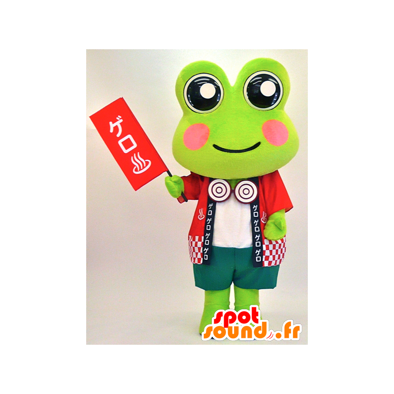 Grüner Frosch-Maskottchen in rot und großen Augen gekleidet - MASFR28320 - Yuru-Chara japanischen Maskottchen