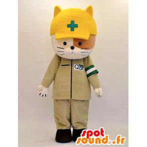 Mascotte de chat secouriste, marron et blanc - MASFR28335 - Mascottes Yuru-Chara Japonaises