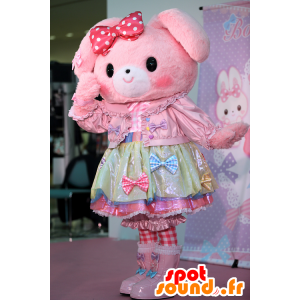 Rosa kanin maskot med en pen blonder kjole - MASFR28354 - Yuru-Chara japanske Mascots