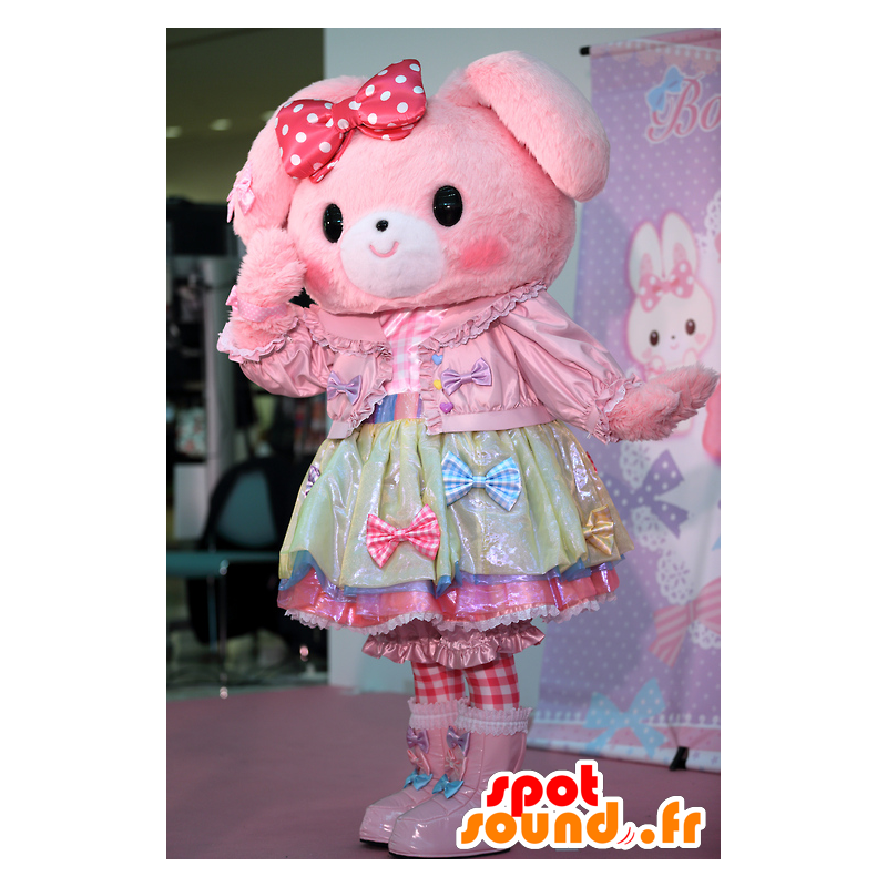 Rosa kanin maskot med en pen blonder kjole - MASFR28354 - Yuru-Chara japanske Mascots